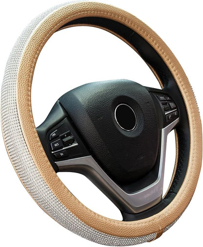 New Diamond Leather Steering Wheel Cover with Bling Crystal Rhinestones | Universal Fit 15 Inch Car Wheel Protector for Women Girls Gold by ChuLian