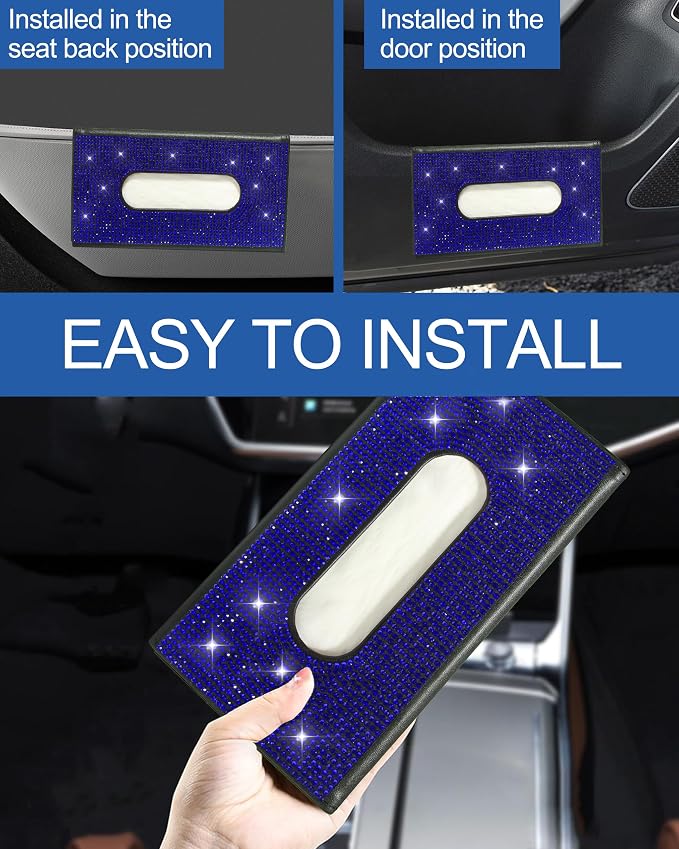 Bling Car Sun Visor Tissue Box Holder, PU Leather Car Napkin Holder, Blue | Car Tissue Holder, PU Leather, with Crystal Rhinestones, Backseat Napkin Case, auto interior Accessories, for Women - Image 3
