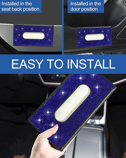 Bling Car Sun Visor Tissue Box Holder, PU Leather Car Napkin Holder, Blue | Car Tissue Holder, PU Leather, with Crystal Rhinestones, Backseat Napkin Case, auto interior Accessories, for Women - Image 3