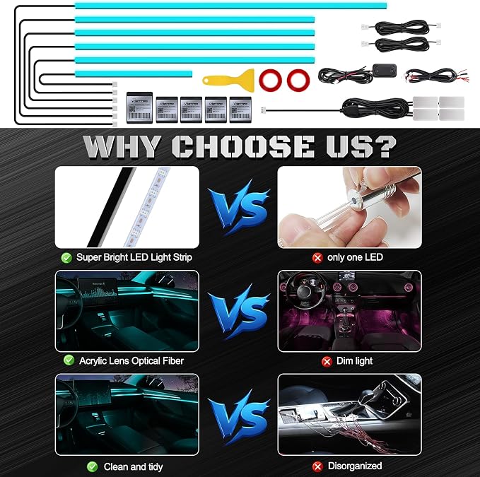 RGB Acrylic Interior Car LED Strip Light with Wireless APP, 10 in 1 with 175 inches 593 LEDs Neon LED Strip Light, 16 Million Colors Dynamic Music Sync Car Ambient Lighting Kits - Image 5