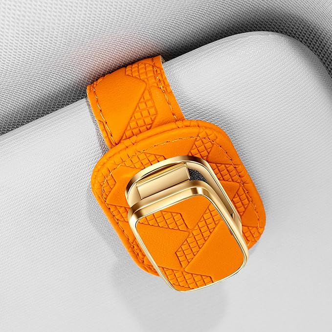 Leather Sunglass Holder for Car, Orange | Car Sunglasses Holder Clip, Multi-Functional Card Ticket Organizer, Universal Fit, Car Visor Accessories, Driver Gift by Bominton