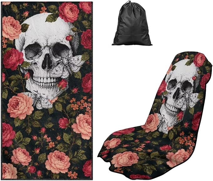Skull Rose Car Seat Towel Cover Auto Interior Seat Towel Cover | Skull Floral Sweat Seat Cover Protector with Storage Bag Car Interior Accessories Non Slip Waterproof Sweat Protector by YMPUDXFI