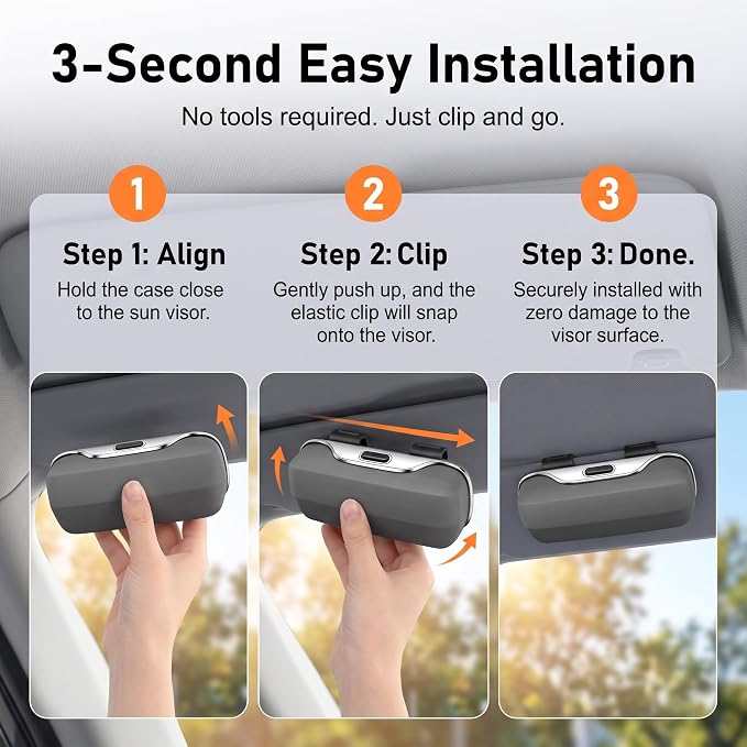 Car Visor Sunglass Holder, Anti-scratch Eyeglasses Storage Protection Case, One-press Open Organizer Box with Clips, Universal Interior Accessory for SUVs Sedans Trucks (Gray) - Image 6