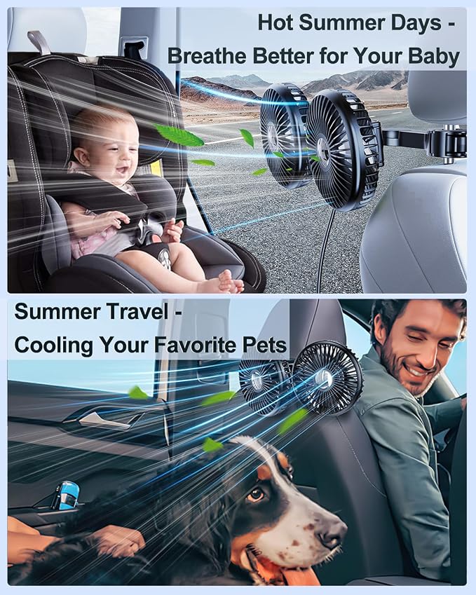 Dual Head Car Cooling Fans for Back Seat for Kids, Usb 5V/ 12V /24V Car Backseat Headrest Fan for Baby Rear Facing, Car Seat Cooler That Blow Cold Air for Vehicles Sedan Suv Rv Truck Without Ac - Image 7
