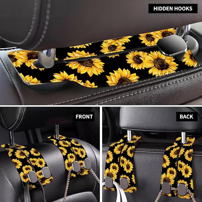 Car Seat Back Storage Headrest Hook, Premium Leather Double Metal Hook, Hanger Storage Organizer for Purse Cloth Bag, Car Interior Accessories Cute Yellow Sunflowers - Image 4