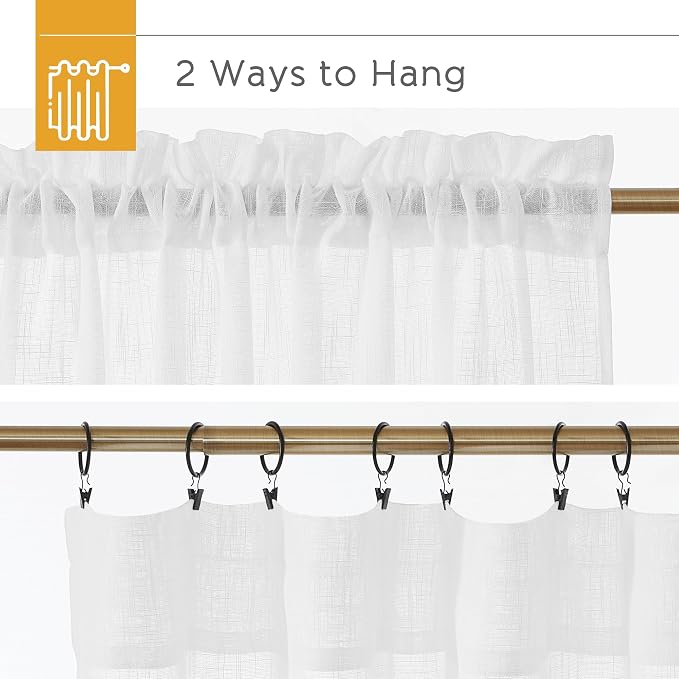 RYB HOME White Sheer Curtains 90 inches Long for Living Room | Privacy Linen Fabric, Semitransparent, Farmhouse Country, for Patio Door Bedroom Bay Window, W52 x L90, 2 Panels - Image 3