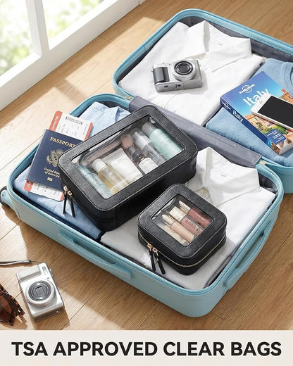 2Pcs Clear Window Travel Cosmetic Bag Set,Waterproof PU Portable Sunscreen Storage Pouch,Square Makeup Organizer Case,Summer Beach Vacation Toiletry Bag for Skincare(2Pack-Standard & Square, Black) - Image 3