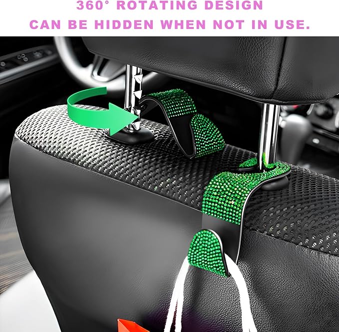 4 PCS Bling Car Seat Headrest Hooks, Rhinestone Vehicle Backseat Storage Hanger Backpack Hook, Sparkly Multi-Functional Headrest Purse Holder for Car Truck SUV RV (Green) - Image 4