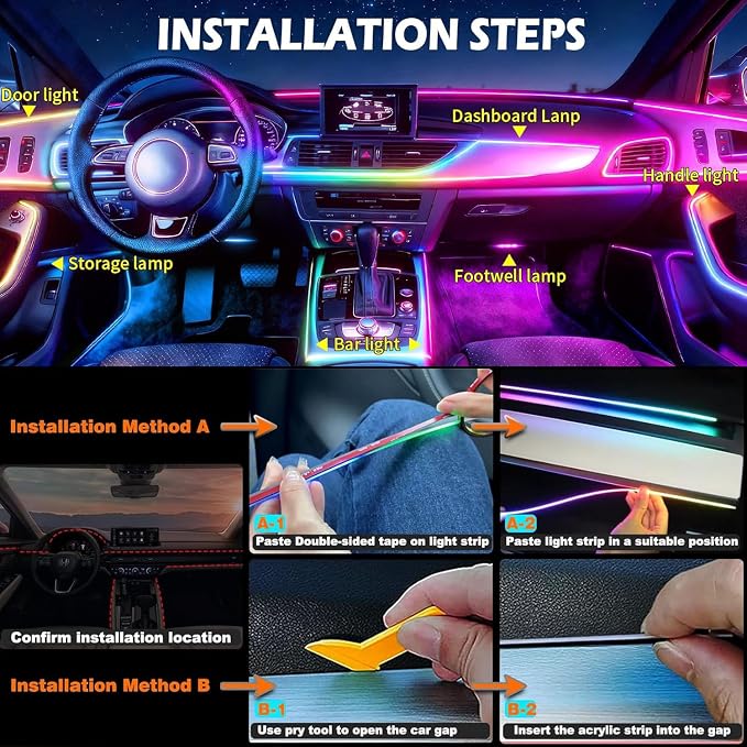 Interior Car LED Strip Lights,Acrylic LED Lights for Car with Dynamic Dreamcolor Chasing,175 inches 6 in 1 RGB Neon Strip Fiber Optic Ambient Lighting Kits with Remote APP, for Inside car Decorations - Image 9