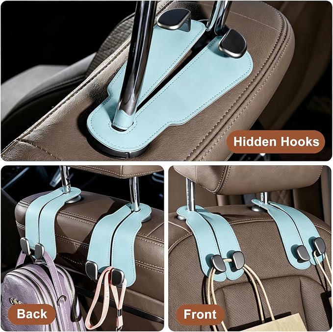 CoBak Purse Hook for Car - Universal Premium Stitched Leather and Aluminum-Magnesium Alloy Double Car Seat Back Storage Hook for Purses, Handbags, Bags (2 Pack),Baby Blue - Image 4