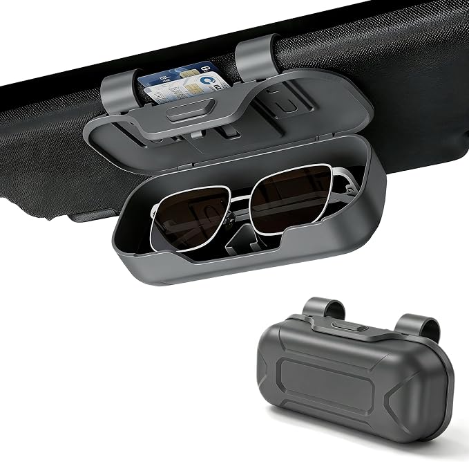 Car Sun Visor Sunglasses Holder,Gray ABS Eyeglasses Case | Card Storage,Soft Flocked Interior,Anti-Rattle Triangle Slot,Double Clips,Push Button Access,Scratch Protection,Universal Fit by Unknown
