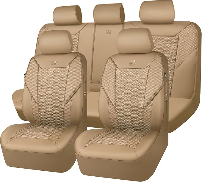 CAR PASS 3D Foam Mesh Leather Car Seat Covers Full Set, Tan Breathable Mesh Faux Leather Seat Covers for Car, Universal Fit for SUV Truck Sedan Automotive, Armrest Airbag Compatible, All Beige by CARPASS