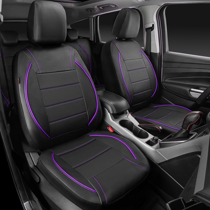 CAR PASS Piping PU Leather Car Seat Cover,Inside Zipper Design and Reserved Opening Holes Airbag Compatible,Universal FIT for Car, SUVs,Van,Trucks,Full Set, Black & Purple - Image 2