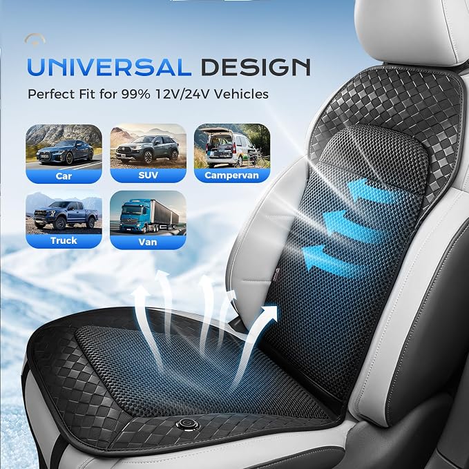 Coverado Ventilated Cooling Car Seat Cushion, 12V-24V Dual Blowing & Suction Seat Cover with 8 Turbo Fans, 3-Speed Cooling Pad, Universal Fit for Car, SUV, Truck & Van, Black - Image 8