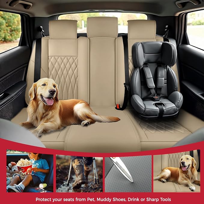 FREESOO Car Seat Covers Full Set Faux Leather Universal Fit Beige | faux nappa leather seat covers, waterproof breathable, full set lumbar support, front rear covers, fit sedans suvs pickups - Image 7