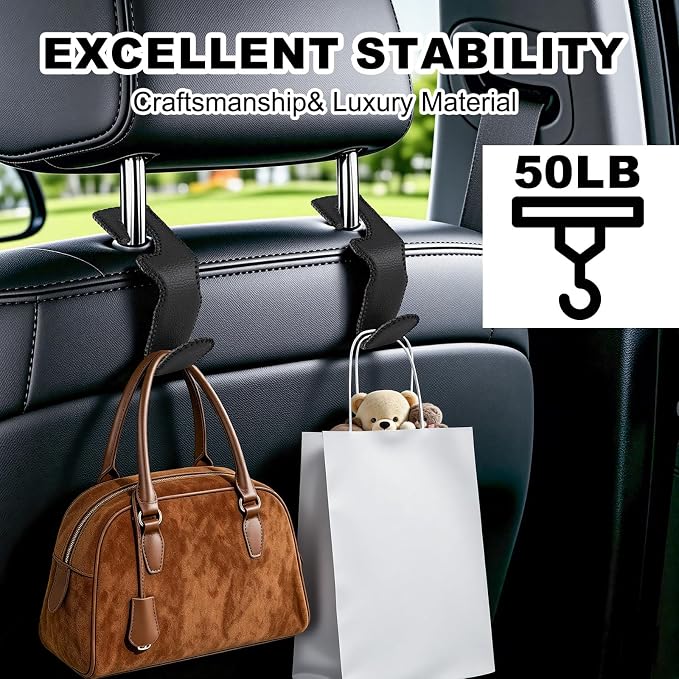 Headrest Hooks for Car, 2 Pack Back Seat Purse Hook Leather Hanger Holder Hook for Hanging Purses and Bags and Coats Black - Image 4
