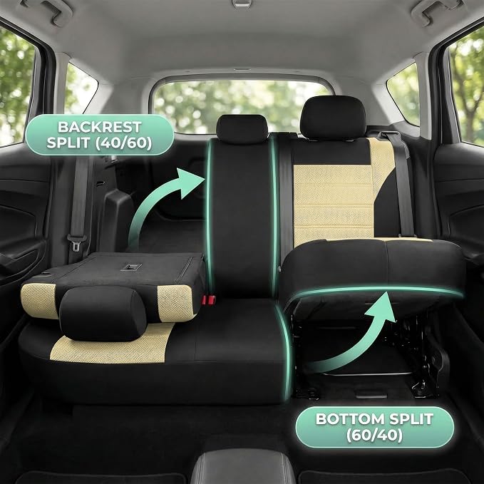 FH Group Automotive Car Seat Covers Full Set Premium 3D Air Mesh Front Seat Covers, Airbag Compatible & Split Bench Cover Universal Fit Interior Accessories for Cars Trucks and SUVs - Beige - Image 3