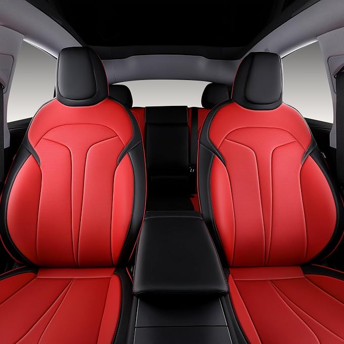 Custom Seat Covers for 2025 2026 Tesla Model Y Juniper 5-Seater - Red | Waterproof Breathable Nappa Leather, OEM Factory Style Full Set, Full Coverage Design with Armrest Covers, Airbag Compatible - Image 3