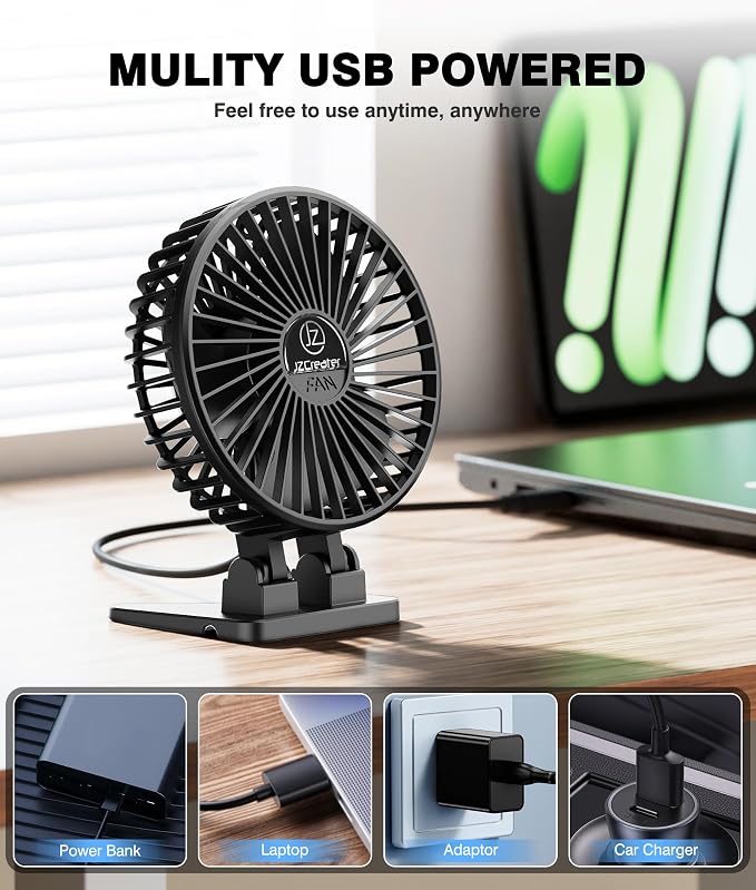 JZCreater USB Desk Fan, Mini Portable, 3 Speeds Desktop Table Cooling, Plug in Power, Rotation Strong Wind, Quiet Personal Small for Home Office Travel Bedroom, Black - Image 5