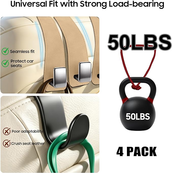 Amooca 4 Pack Car Headrest Hooks, Premium Suede with Metal Hook Car Seat Back Storage Hanger for Purses, Handbags，Grocery Bags - Beige - Image 2
