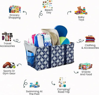 Extra Large Utility Tote Bag - Oversized Collapsible Reusable Wire Frame Rectangular Canvas Basket With Two Exterior Pockets For Beach, Pool, Laundry, Car Trunk, Storage - Navy Sunflower - Image 3