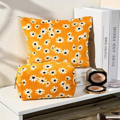 SOIDRAM 2 Pieces Flower Makeup Bag Large Cosmetic Bag Capacity Canvas Mix Travel Toiletry Bag Organizer Cute Makeup Brushes Aesthetic Accessories Storage Bag for Women,Little Flower Mix Yellow - Image 2