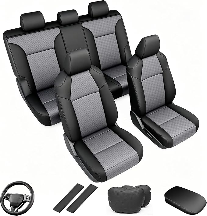 AOMSAZTO Custom Fit Seat Covers for Toyota RAV4 2019-2025 Gas Models Kit | LE/XLE/XLE Premium/Limited, 5-Piece Full Set with Steering Wheel Cover, Armrest Cover, Neck Pillows and Seat Belt Covers by AOMSAZTO