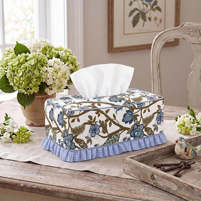 Block Print Fabric Tissue Box Cover, Chinoiserie, Navy Blue | Rectangular Ruffle Sleeve, Decorative Holder for Bathroom Vanity Car, Napkin Dispenser Grand Millennial Boho Decor Home - Image 7