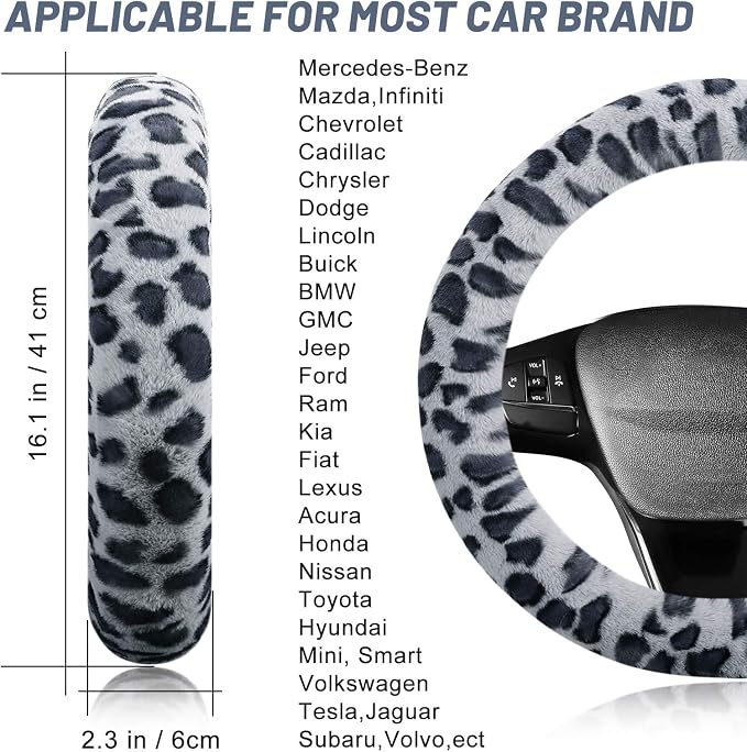 Fuzzy Steering Wheel Cover for Women Girls, Accmor Universal Fit Fur Car Wheel Cover & Handbrake Cover & Gear Shift Cover Set, Leopard Winter Warm Fluffy Vehicle Wheel Protector for Auto, SUV - Image 2