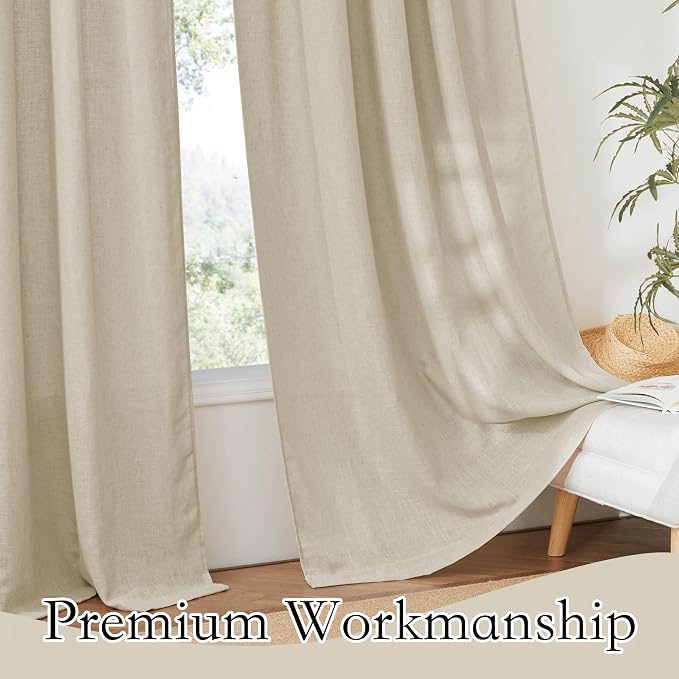 RYB HOME Linen Semi Sheer Curtains for Living Room, Light Filtering Half Privacy Window Curtains & Drapes for Bedroom, 2 Panels, Beige, 34" W x 72" L - Image 5