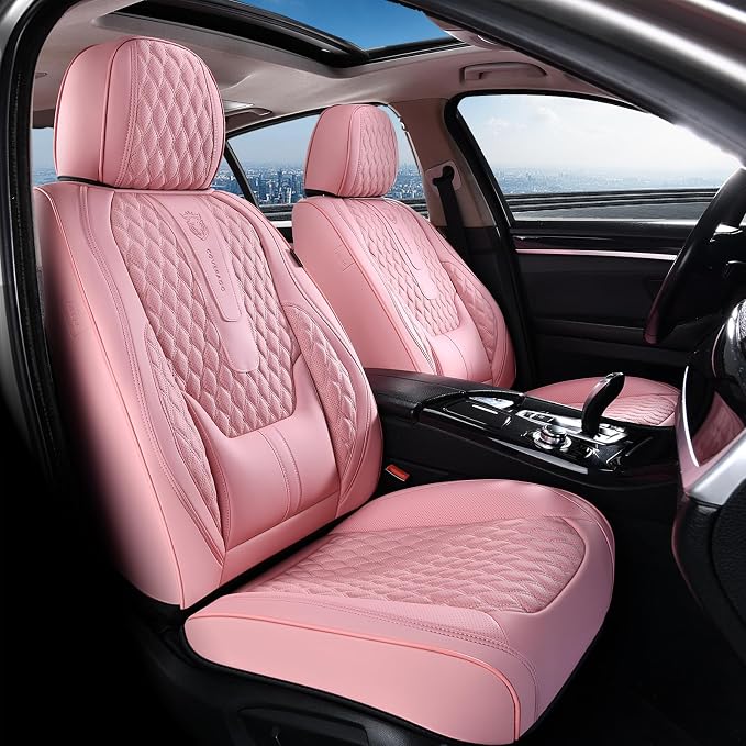 Coverado Seat Covers Full Set, Pink Car Seat Covers, Waterproof Car Seat Cover with Lumbar Support, Leather Car Seat Cushion Protector, Car Seat Covers Universal Fit Most Cars - Image 2
