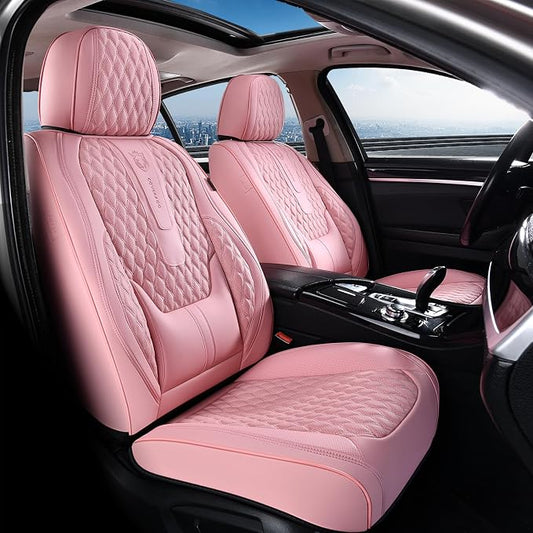 Coverado Seat Covers Full Set, Pink Car Seat Covers, Waterproof Car Seat Cover with Lumbar Support, Leather Car Seat Cushion Protector, Car Seat Covers Universal Fit Most Cars - Image 2