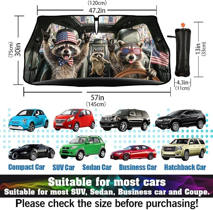 Socira Funny Rocking Raccoon Car Windshield Sunshade Umbrella Car Foldable Umbrella Sunshade for Front Window UV Reflector Auto Windshield Umbrella Sun Shades Cover for Most Vehicles 57'' X 30'' - Image 3