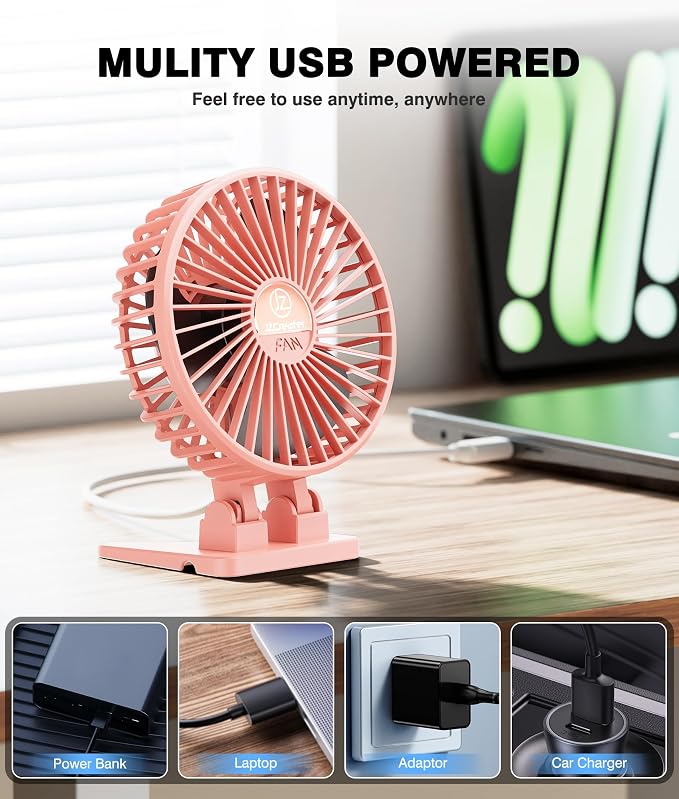 JZCreater USB Desk Fan, Portable Mini Fan, 3 Speeds Desktop Table Cooling, Plug in Power, Rotation Strong Wind, Quiet Personal Small Fan for Home Desktop Office Travel Bedroom, Pink - Image 6