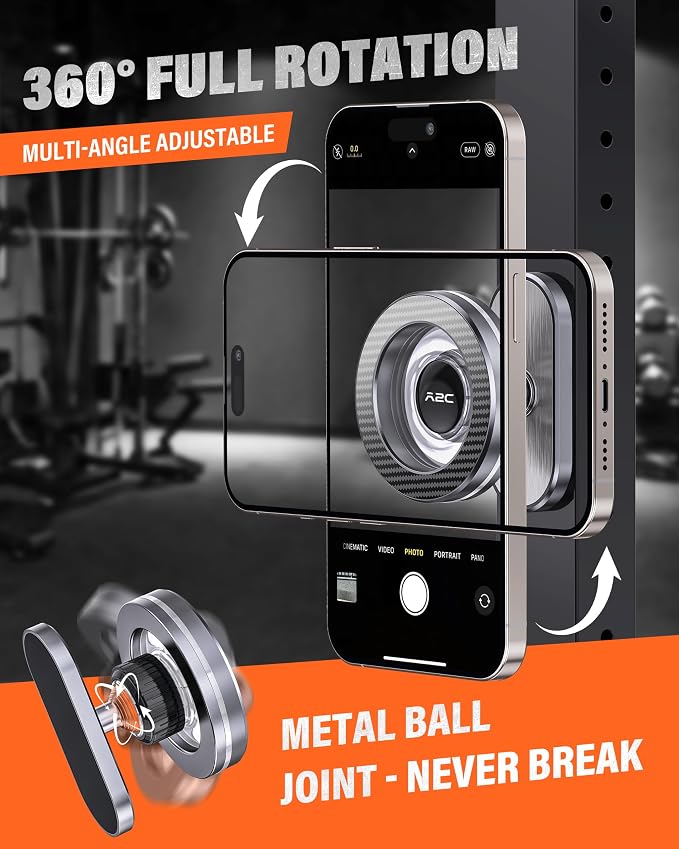 APPS2Car Gym Magnetic Phone Holder, Aluminum Alloy Base & Ball Joint, Grey | 360° Adjustable Dual Magnet Phone Mount for MagSafe, Attach to Metal Surface, Gym Accessories for Workout Recording - Image 3