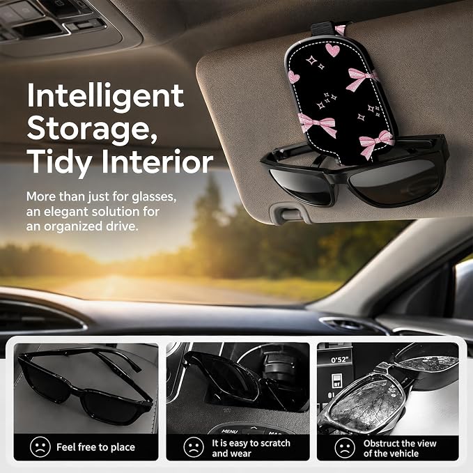 Sunglasses Holder for Car Visor, PU Leather Glasses Clip Organizer, Cute Magnetic Eyeglass Holder for Vehicle Sun Visor, Car Interior Accessory for Women & Men, Bow Hearts - Image 2