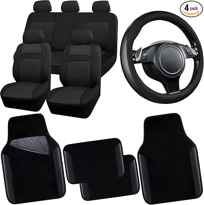 CAR PASS 3D Air Mesh Car Seat Covers Full Sets w/5mm Sponge, 4Pcs Waterproof Car Floor Mats, Steering Wheel Cover Universal Fit for SUV Sedan Truck, Airbag Compatible Automotive Interior(Black) by CARPASS