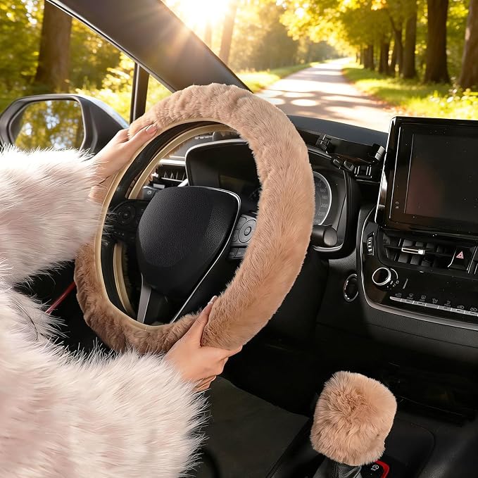 SEG Direct Fluffy Furry Steering Wheel Cover Fuzzy Gear Shift Cover, Khaki | 2 PCS Set, Soft and Warm, Cute Fur Auto Car Decor, Standard Size 14.5- 15 inch for Women Men - Image 6