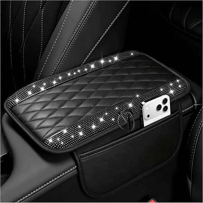 Stacool Upgraded Car Center Console Cover with Rhinestones,Microfiber Leather Car Armrest Cover Cushion with 2 Storage Bags,Universal Cars Armrest Storage Box as Cars Interior Accessories by Unknown