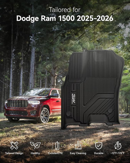 3W Floor Mats Fit for Dodge Ram 1500 Crew Cab 2025-2026 | (with Factory Storage), TPE All Weather Custom Fit Floor Liner for Ram 1500 Accessories Car Mats, Black - Image 2