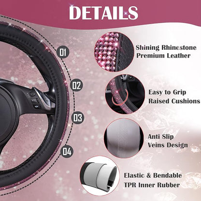 CAR PASS Bling Diamond Leather Steering Wheel Cover, Bling Sparkly Crystal Glitter Rhinestones Universal Fit 14" 1/2-15" Car Wheel Protect for Women Girl Fit Suvs,Vans,Sedans,Cars,Trucks, Pink Black - Image 5