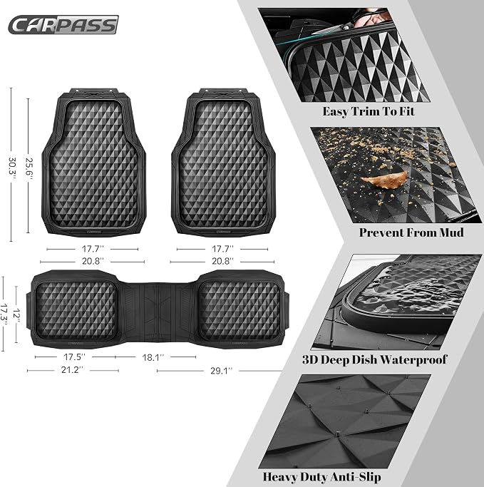 CAR PASS 3 Row Heavy Duty Rubber Car Mats, Deep-Dish All-Weather for 7 Seats 8 Seater 2nd & 3rd Floor Mats Waterproof Universal Trim Fit Liner Van,SUV,7 Passengers Vehicle,Automotive 3D Rhombus Black - Image 4