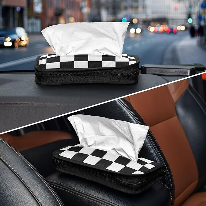 Car Tissue Holder Napkin Box Dispenser Storage Case Sun Visor Mask Holder With Adjustable Straps Reusable Refillable Checkered Black and White - Image 8