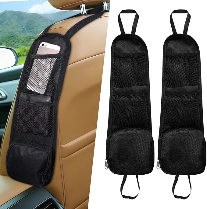Car Seat Side Storage Pocket, Car Multifunctional Seat Organizer Hanging Bag, Auto Mobile Phone Wallet Sunglasses Mesh Net Pocket, Auto Accessories for Cars SUVs Trucks (Black-1, 2PCS) by Unknown