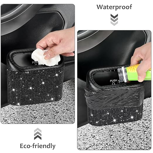 Accmor Bling Car Trash Can with Lid, Mini Vehicle Trash Bin, Car Dustbin Garbage Organizer with 60 Trash Bag, Leakproof Auto Storage Bag Container for Car, Home, Office (Carbon Fiber&Black Rhinestone) - Image 2