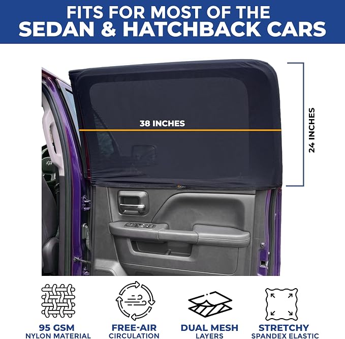 EcoNour Car Side Window Sun Shade (Pack of 2) | Stretchable & Breathable | Car Window Screens for Complete Sun & Privacy Protection | Fits Most Truck, SUV and Minivan (XL 24" x 38") - Image 3