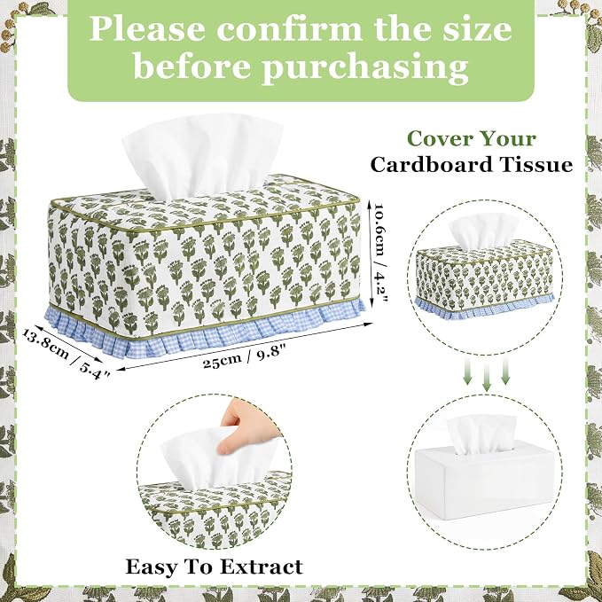 Block Print Fabric Tissue Box Cover, Hydrangea, Olive Green | Rectangular Ruffle Sleeve, Decorative Holder for Bathroom Vanity Car, Napkin Dispenser Grand Millennial Boho Decor Home - Image 2