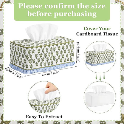 Block Print Fabric Tissue Box Cover, Hydrangea, Olive Green | Rectangular Ruffle Sleeve, Decorative Holder for Bathroom Vanity Car, Napkin Dispenser Grand Millennial Boho Decor Home - Image 2