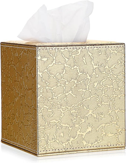Sumnacon Square Leather Tissue Box Cover - Stylish Cube Tissue Box Holder with Magnetic Bottom, Decorative PU Tissue Box for Vanity Dresser Night Stand Table Countertop Home Office Car, Gold | Stylish Cube Tissue Box Decorative Tissue Covers for Vanity... by Sumnacon