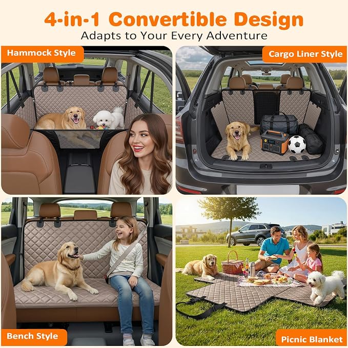 URPOWER 4 in 1 Dog Car Seat Cover for Back Seat, Waterproof Hammock | Mesh Window, Side Flaps, 600D Oxford, Scratch Resistant, Non-Slip, Easy Install, Machine Washable, Dog Seat Belt Included - Image 4